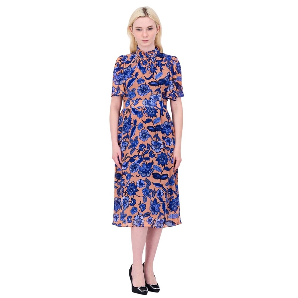 Julia Jordan Floral Short Sleeve Mock Neck Midi Dress Peach Blue Floral Modest